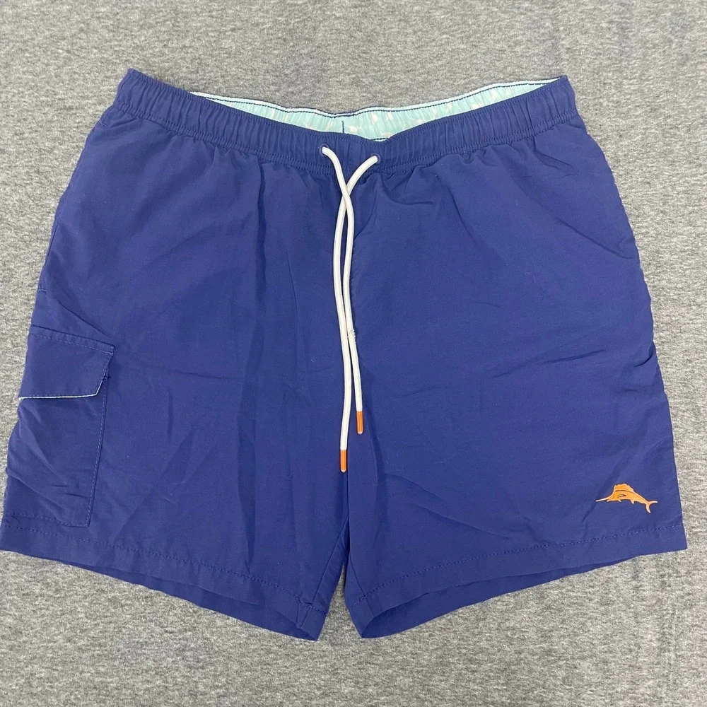 Tommy Bahama Swim Trunks Mens Medium Blue Orange Marlin Logo Cargo Pocket‎